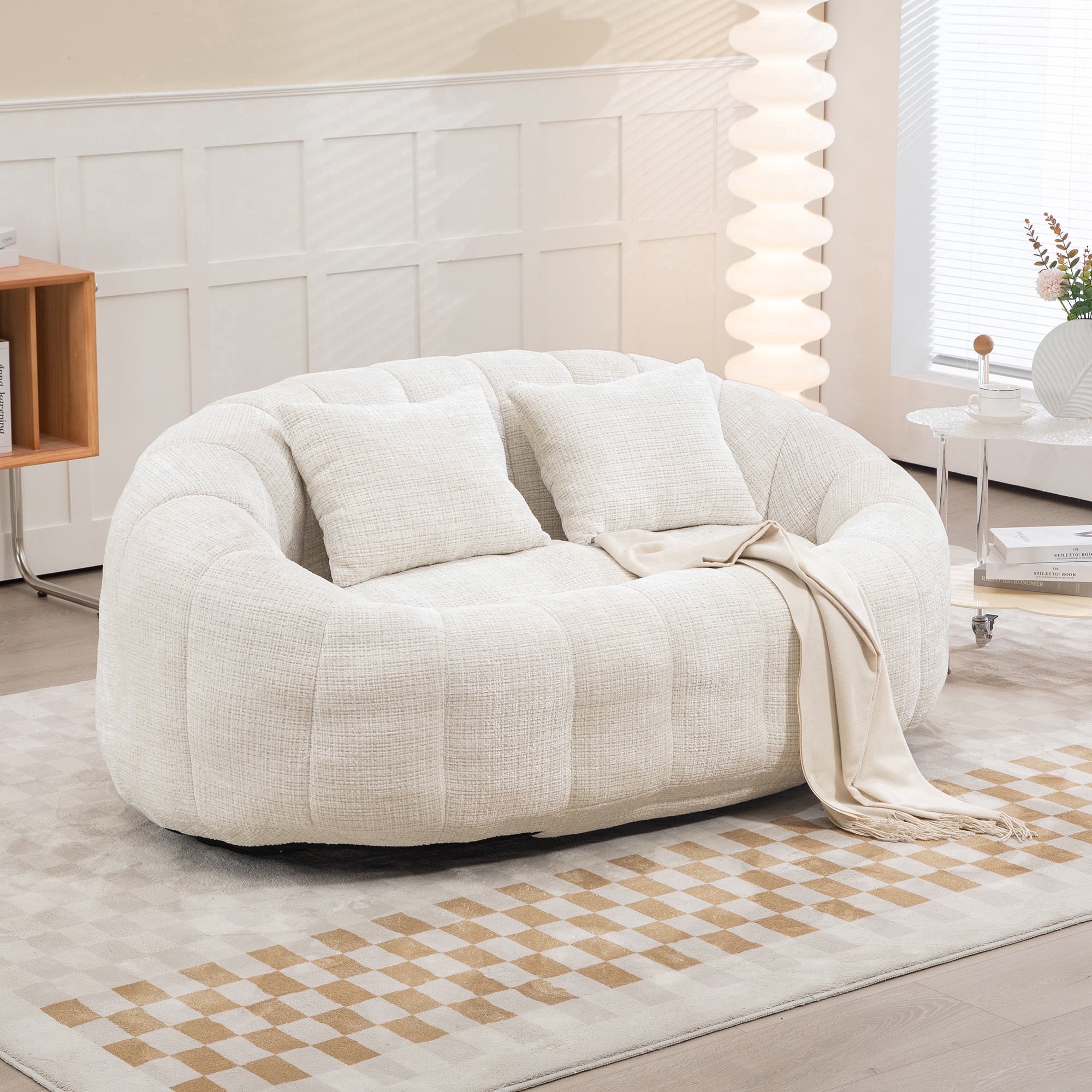 59''W Chenille Loveseat Sofa Small Couch Oversized Bean Bag Chair, Modern Lounge Loveseat Sofa with 2 Pillows,Bean Bag Couch Floor Lazy Sofa for Living Room Bedroom Apartment (Beige)