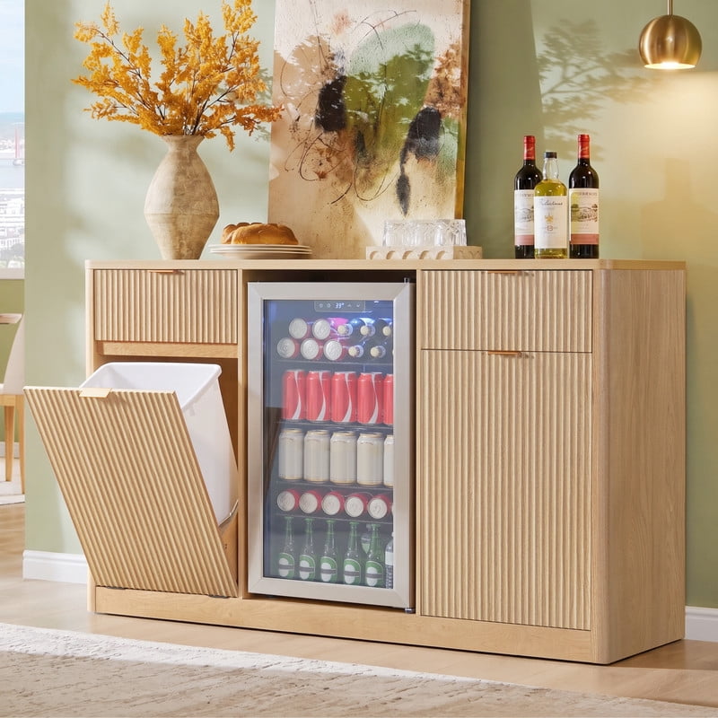 59"W Coffee Bar Storage Cabinet with Small Fridge Space, Kitchen Sideboard Buffet with Tilt-Out Trash Cabinet & Charging Station