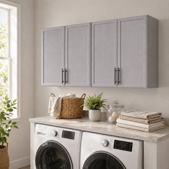 59" W Laundry Room Cabinet Wall Mounted, Kitchen Wall Cabinet with Adjustable Shelf, Wall Storage Cabinet with Shaker Doors, Wall Cabinet for Bathroom, Grey