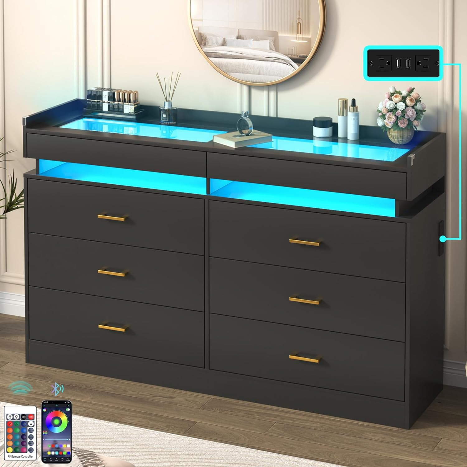 59''W Long Wooden 8 Drawer Dresser for Bedroom with Glass Tabletop ...