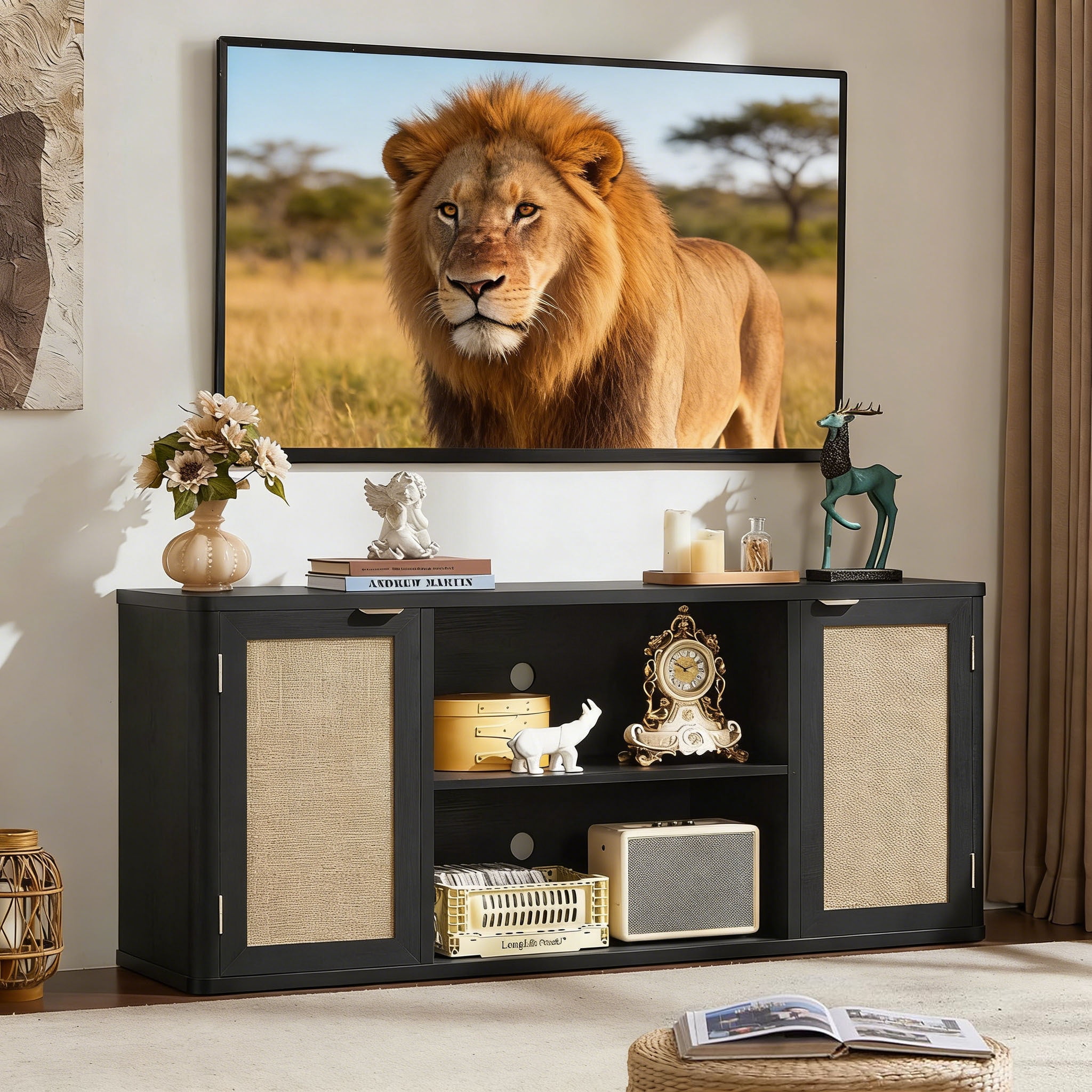 59"W Rattan TV Stand with 2 Doors– Large Boho Farmhouse TV Cabinet Media Console with Adjustable Shelves & Spacious Countertopfor Living Room, Black
