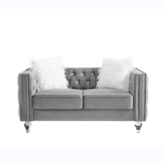 59''W Velvet Sofa Couch, 2-Seater Sofa with Crystal Buckle Tufted Back and Two Plush Pillows, Comfy Loveseat Sofa with Crystal Feet and Movable Cushion for Living Room, Bedroom, Office, Gray