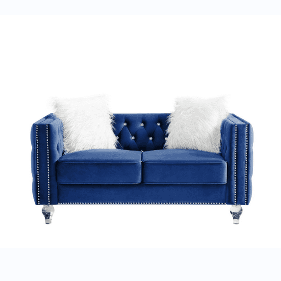 59''W Velvet Sofa Couch, 2-Seater Sofa with Crystal Buckle Tufted Back and Two Plush Pillows, Comfy Loveseat Sofa with Crystal Feet and Movable Cushion for Living Room, Bedroom, Office, Navy Blue