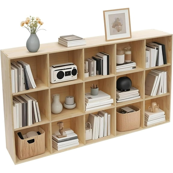 59" W x 35" H x 12" D Solid Wood 15-Cube Bookshelf, 3-Tier Storage Organizer Display Shelf for Home Office, Library, School