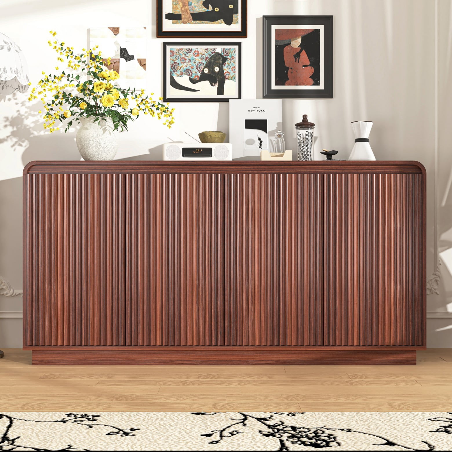 59" Walnut Fluted TV Stand with Power Outlet, Modern Handleless Media Console with Adjustable Storage, Entertainment Center for Living Room, Walnut