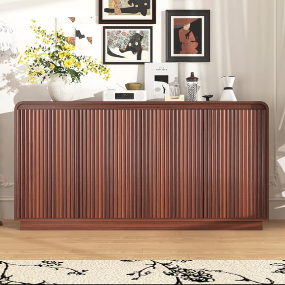 59" Walnut Fluted TV Stand with Power Outlet, Modern Handleless Media Console with Adjustable Storage, Entertainment Center for Living Room, Walnut