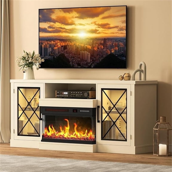 59" White Engineered Wood TV Stand with 24" 3-Sided Glass Fireplace& LED
