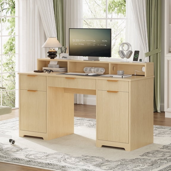 59" Fluted White Desk with Hutch & Drawers