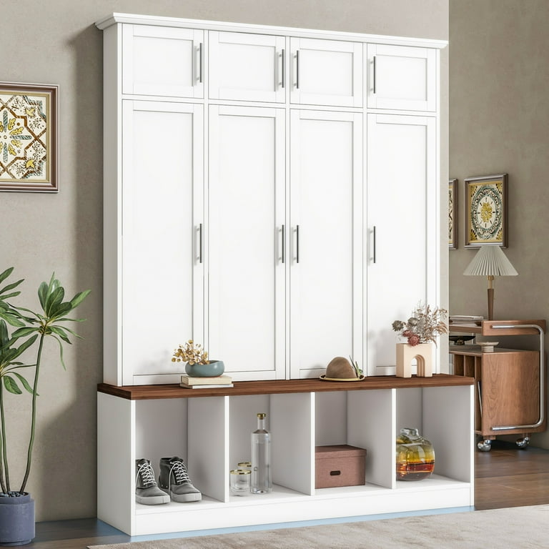 59&quot; Wide Hall Tree with Storage Bench, Multi-Functional Coat Rack 