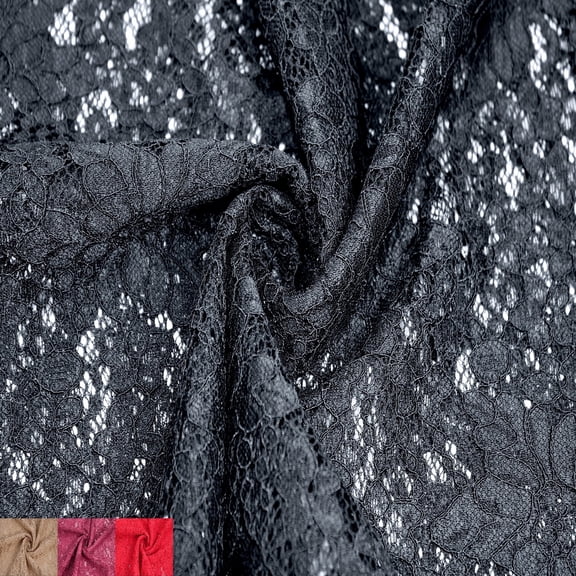 59" Wide Nylon Spandex Vintage Floral Lace with Scallop, 2-Way Stretch, 155GSM, Medium Weight - Anti-Wrinkle, Breathable for Bridal Gowns, Dress, Lingerie, DIY-Black