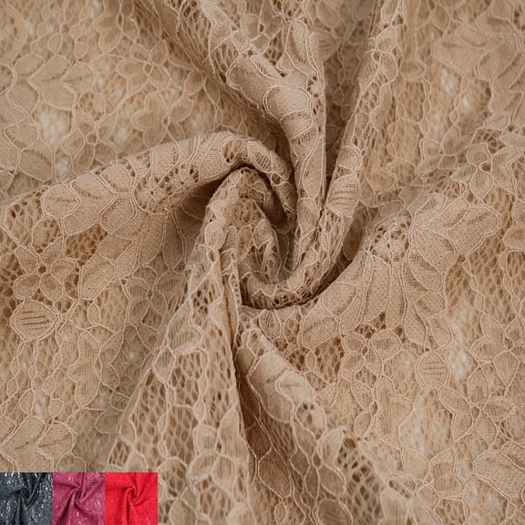 59" Wide Nylon Spandex Vintage Floral Lace with Scallop, 2-Way Stretch, 155GSM, Medium Weight - Anti-Wrinkle, Breathable for Bridal Gowns, Dress, Lingerie, DIY -Tan