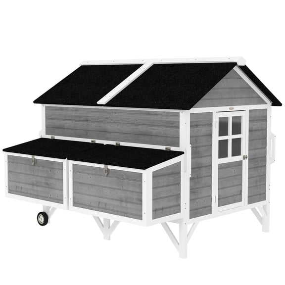 59" Wooden Chicken Coop with Wheels, Handles, 2 Nesting Boxes, 2 Trays, 4 Perches, for 4-6 Chickens, Gray