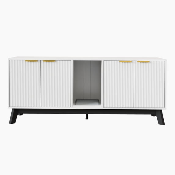 59" Wooden Hidden Cat Litter Box Enclosure Cabinet for 2 Cats - Double Room Design - Includes Litter Mat, Litter Storage & TV Stand/Side Table Furniture, White