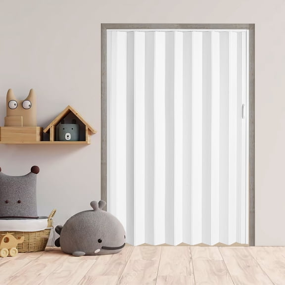 59“ X 78” White PVC Accordion Door, Folding Accordion Doors, Bifold Portable Interior Folding Door with Mounting Hardware, Handle, for Closet Bathroom Doorways.