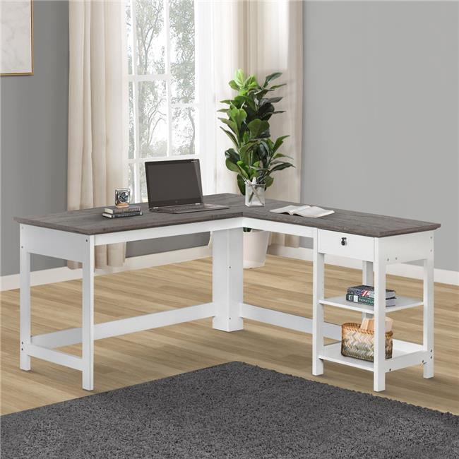 Finley White and Gray Oak L-Shaped Writing Desk with Drawer