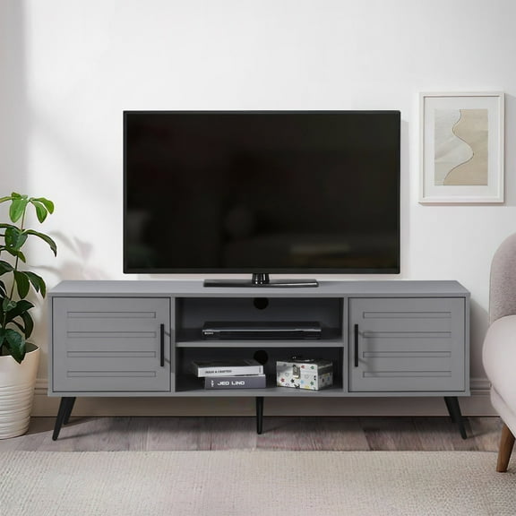 59 in. Grey Wood TV Stand with 2 Storage Cabinets Fits TV's up to 65 in.