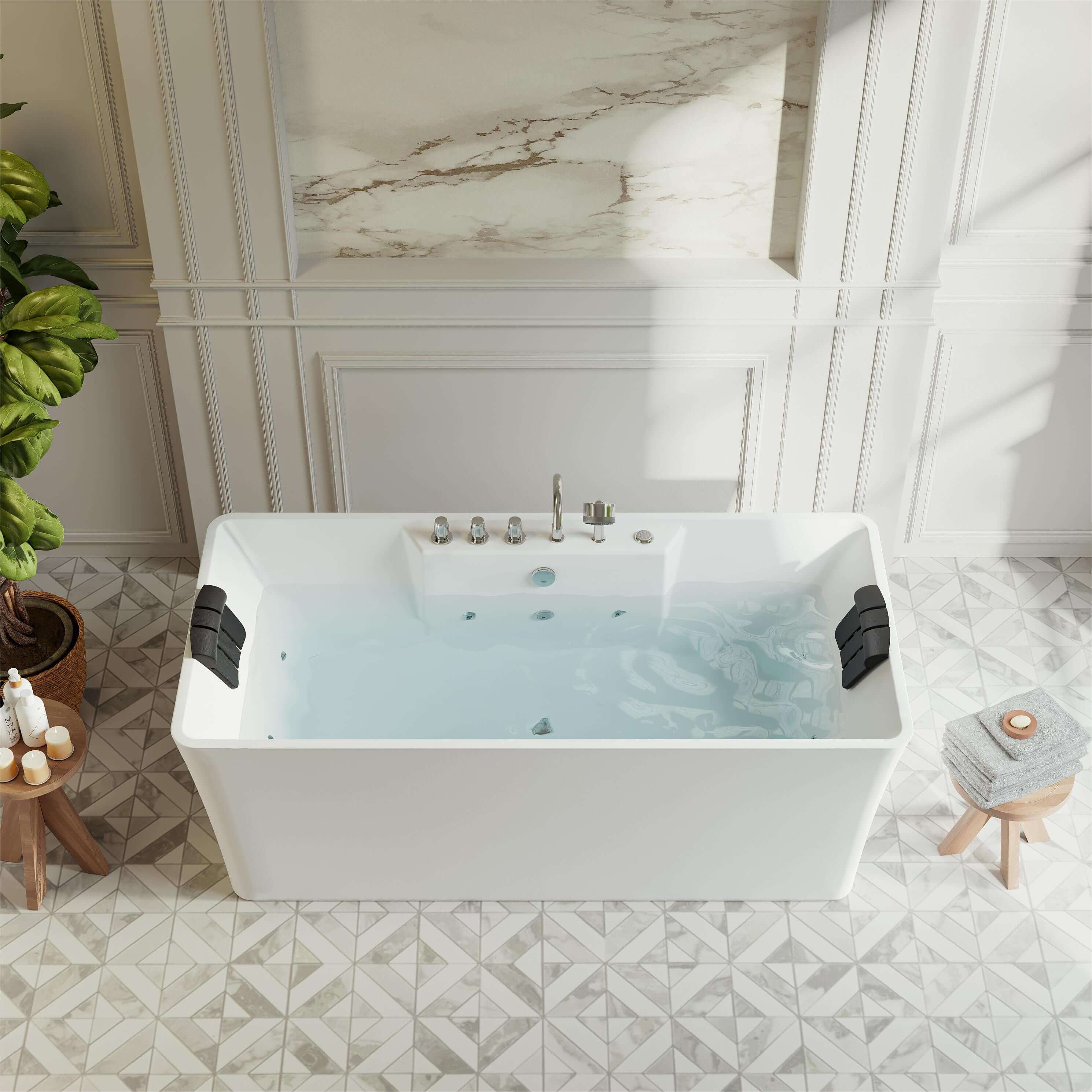 59" White Freestanding Acrylic Whirlpool Bathtub with Faucet