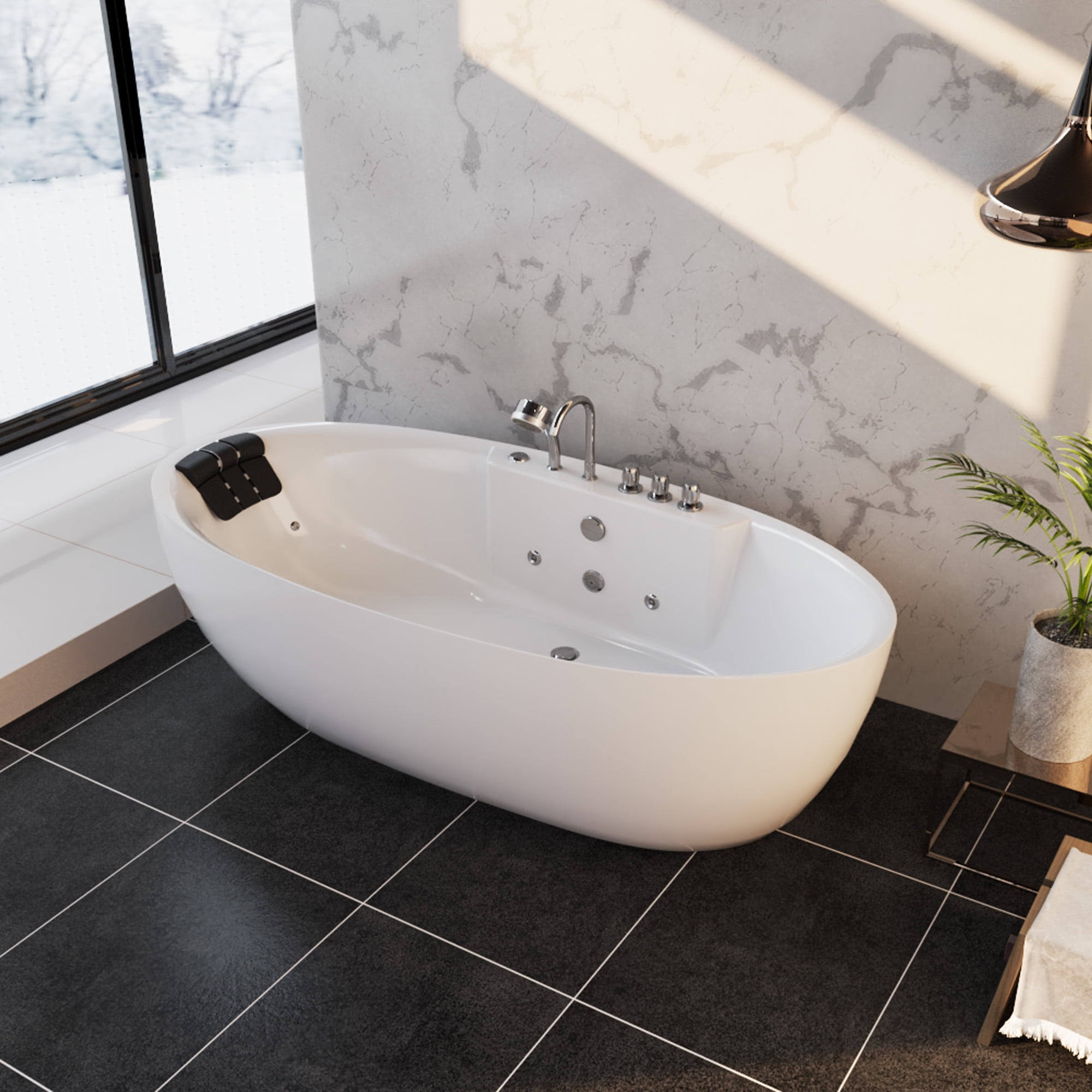 59" White Acrylic Freestanding Whirlpool Bathtub with Faucet