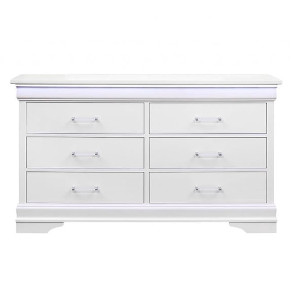 59 in. Solid Wood Six Drawer Double Dresser with LED, White