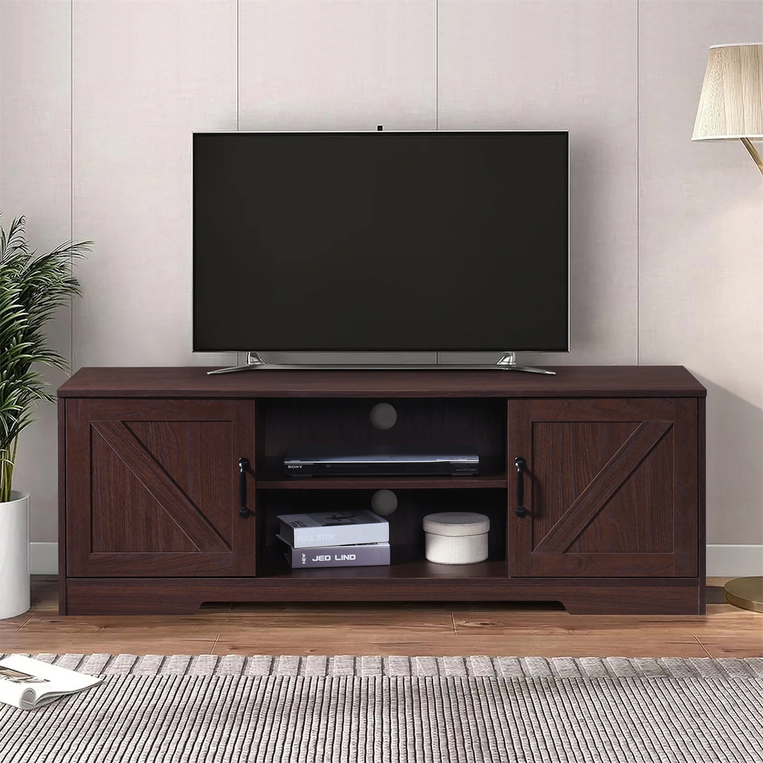 Walnut 59" Farmhouse TV Stand with Sliding Barn Doors