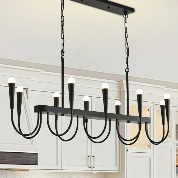 59-inch Black Industrial Linear Chandelier, 10-Light Adjustable Pendant Light for Large Kitchen Island, Dining Room, Modern Farmhouse Ceiling Fixture