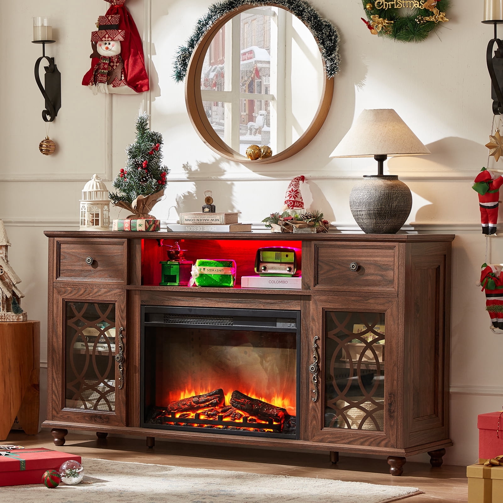 59 inch Fireplace TV Stand with 26.1" Electric Fireplace, High Gloss Entertainment Center for TVs up to 65 inch with LED Lights & Storage Cabinets, Brown