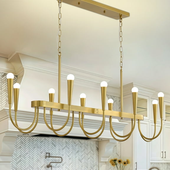 59-inch Gold Modern Farmhouse Linear Chandelier, 10-Light Adjustable Pendant Light for Large Kitchen Island, Dining Room, Rustic Industrial Ceiling Fixture