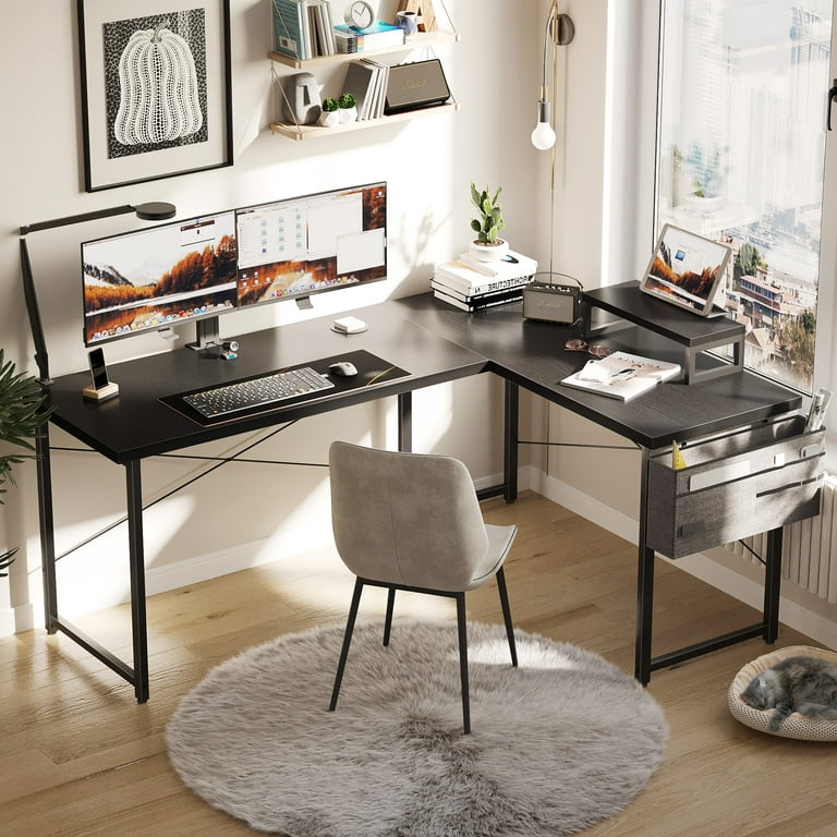 59 Inch Modern L-Shaped Desk, Corner Computer Desk With Monitor Shelf,  Simple Study Desk, Home Office Desk, Black - Walmart.Com