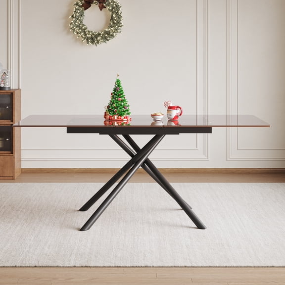 59-inch Modern Rectangle Expandable Dining Table with Retractable Leaf, Black Sandblasted Glass Top & Carbon Steel X-Base, Sturdy 4-6 Person Table for Small Spaces