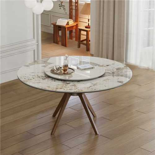 59-inch Modern Sintered Stone Dining Table, Equipped with a 35-Inch Round Turntable, Seating 6-8 People, Round Table with Walnut-colored Wood Base