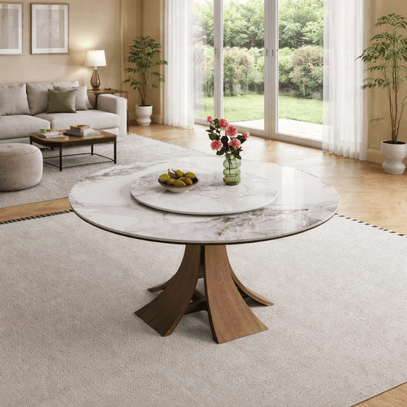 59-inch Modern Sintered Stone Dining Table, Equipped with a 35-Inch Round Turntable, Seating 6-8 People, with a Unique Walnut-colored Wooden Base