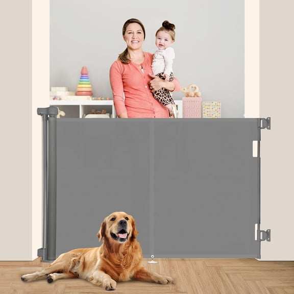 59 inch Retractable Baby Gates 42 inch Tall, Retractable Gate with Reinforced Strip Design to Prevent Crawling Through, 5 FT Retractable Dog Gate for Stairs, Doorways, Hallways, Indoor/Outdoor