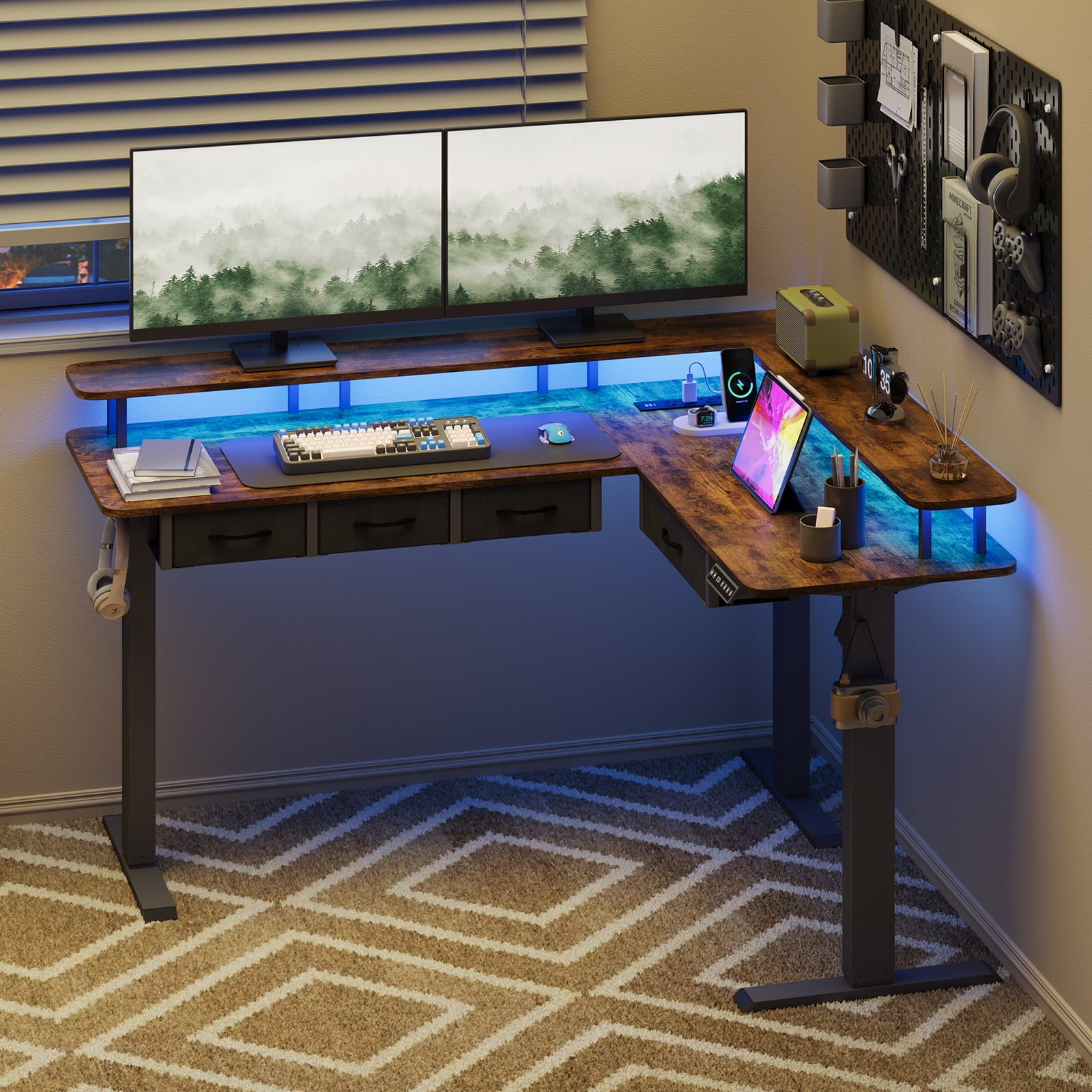 59-inch height-adjustable office desk, L-shaped electric standing desk, equipped with 4 storage drawers, featuring RGB lighting and power socket, corner computer desk, equipped with monitor stand