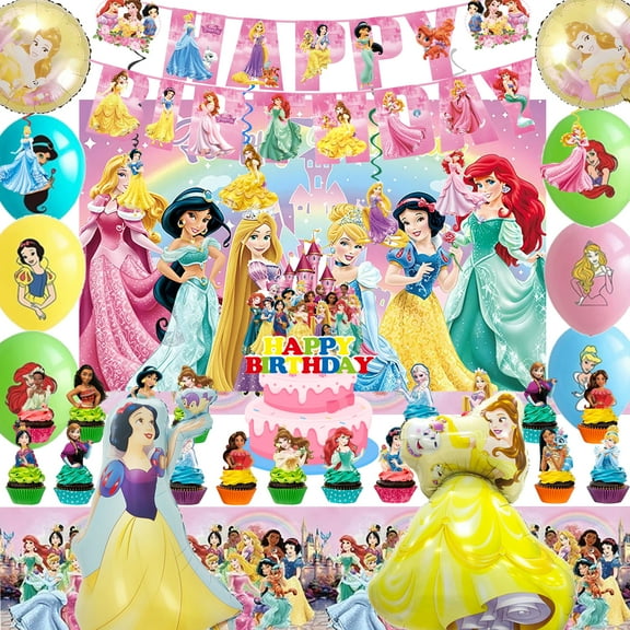 59 pieces of fairytale princess themed birthday party decorations, including banners, backdrops, spiral pendants, balloons, cake toppers and tablecloths, deeply loved by girls and little princesses
