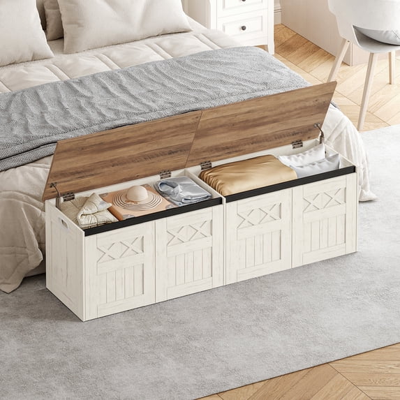 Hzuaneri 59" Extra Large Storage Bench, Wooden Storage Chest with 2 Safety Hinge, 70.8 Gal Capacity, Large Toy Chest for Entryway, Living Room, Bedroom, Retro White