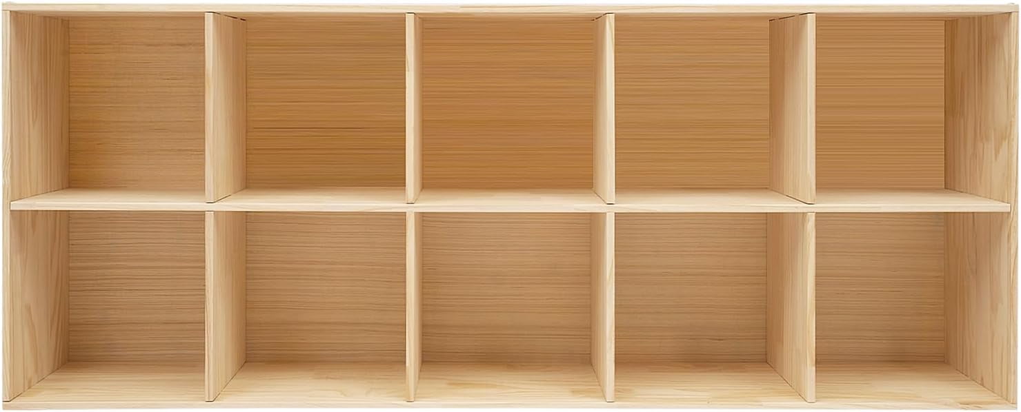59 x 11.8 x 23.6 Inch 2-Tier Horizontal Solid Wood Bookcase, 10-Cube Storage Organizer for Living Room or Home Office