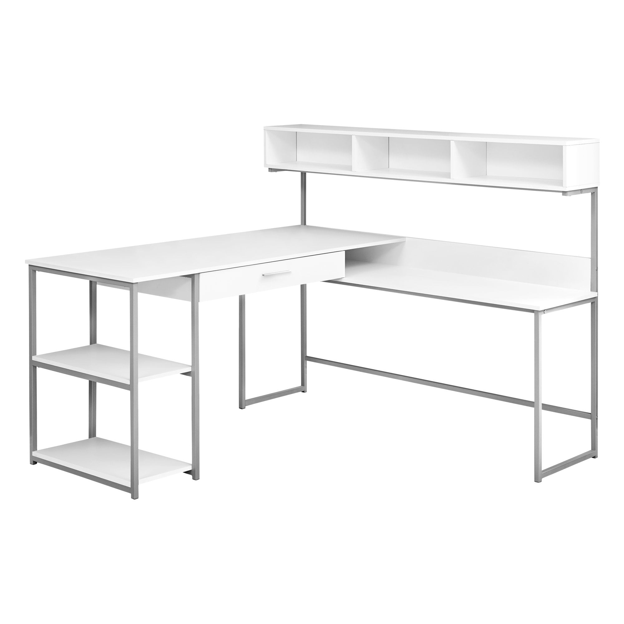 Contemporary White & Silver L-Shaped Computer Desk with Hutch and Drawer