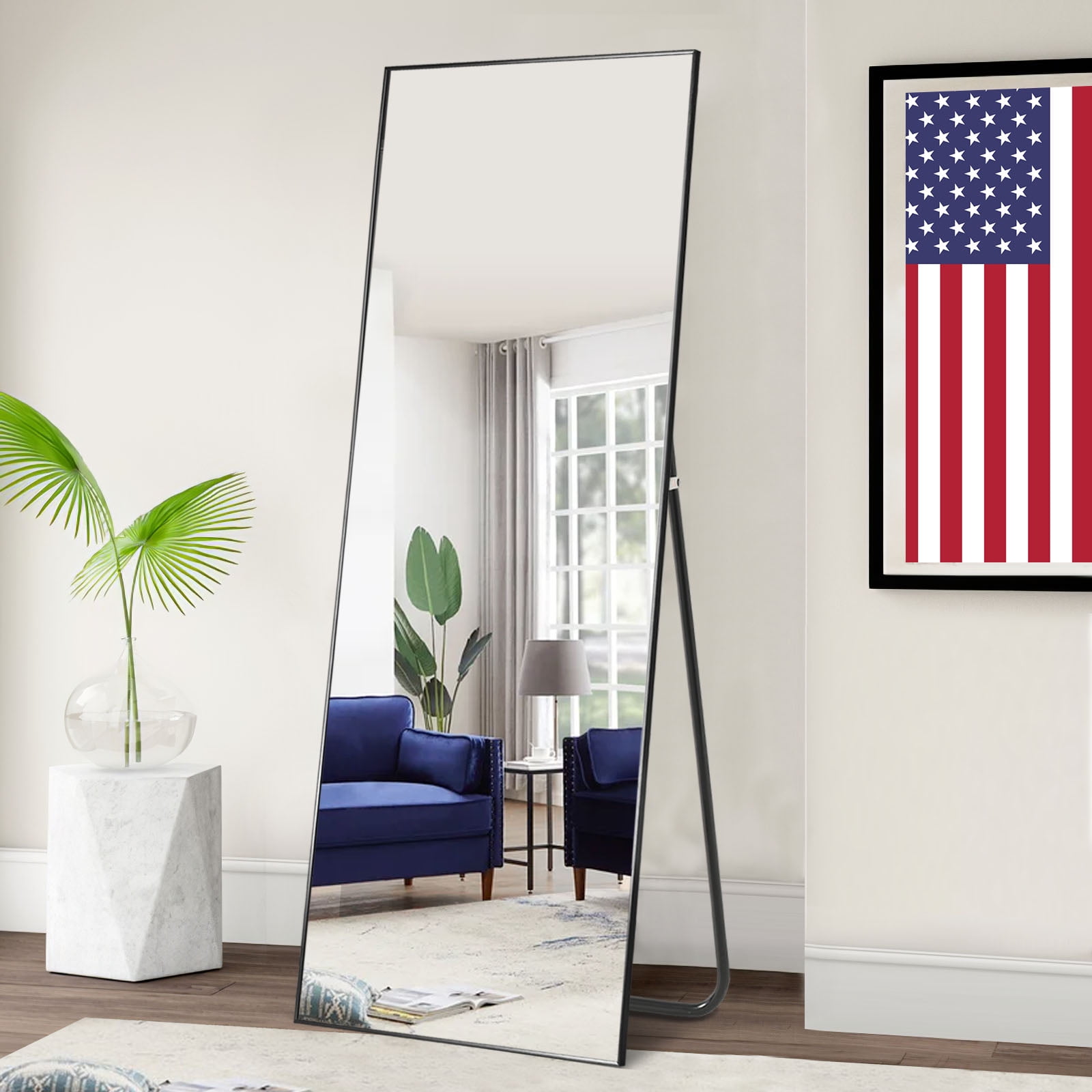 59"x16" Full Length Mirror with Stand Aluminum Alloy Mirror Night Black