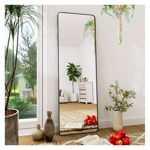 59"x16" Mirror Full Length, Standing or Leaning Rounded Corner Full Body Floor Mirror with Metal Framed,Suitable for Living Room or Bathroom,Black 59"L x 16"W