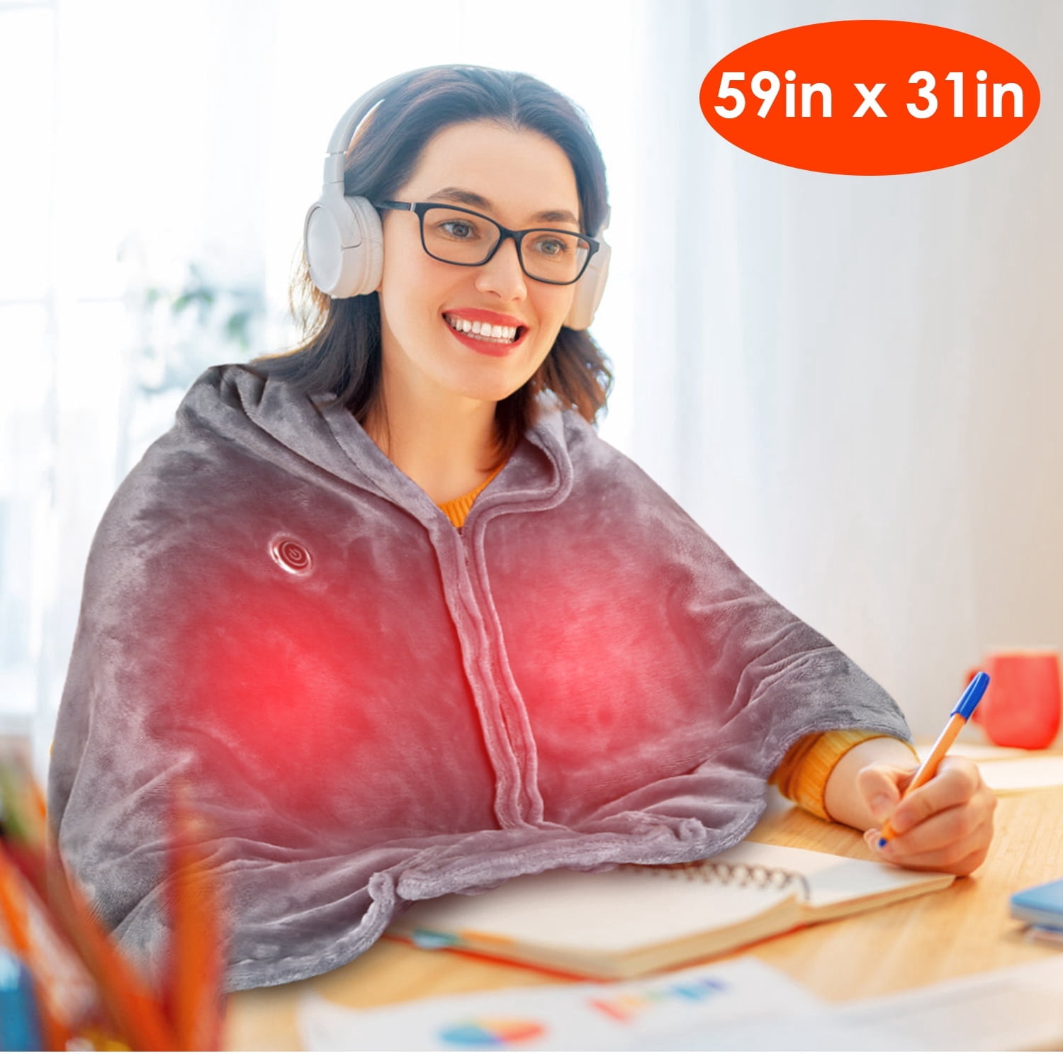 59"x31" USB Heated Blanket, Portable Heated Poncho Shawl Wrap with Zipper, Wearable Heating Blanket Battery Operated Cordless for Women Outdoor Office Camping, Gray(Without Battery)