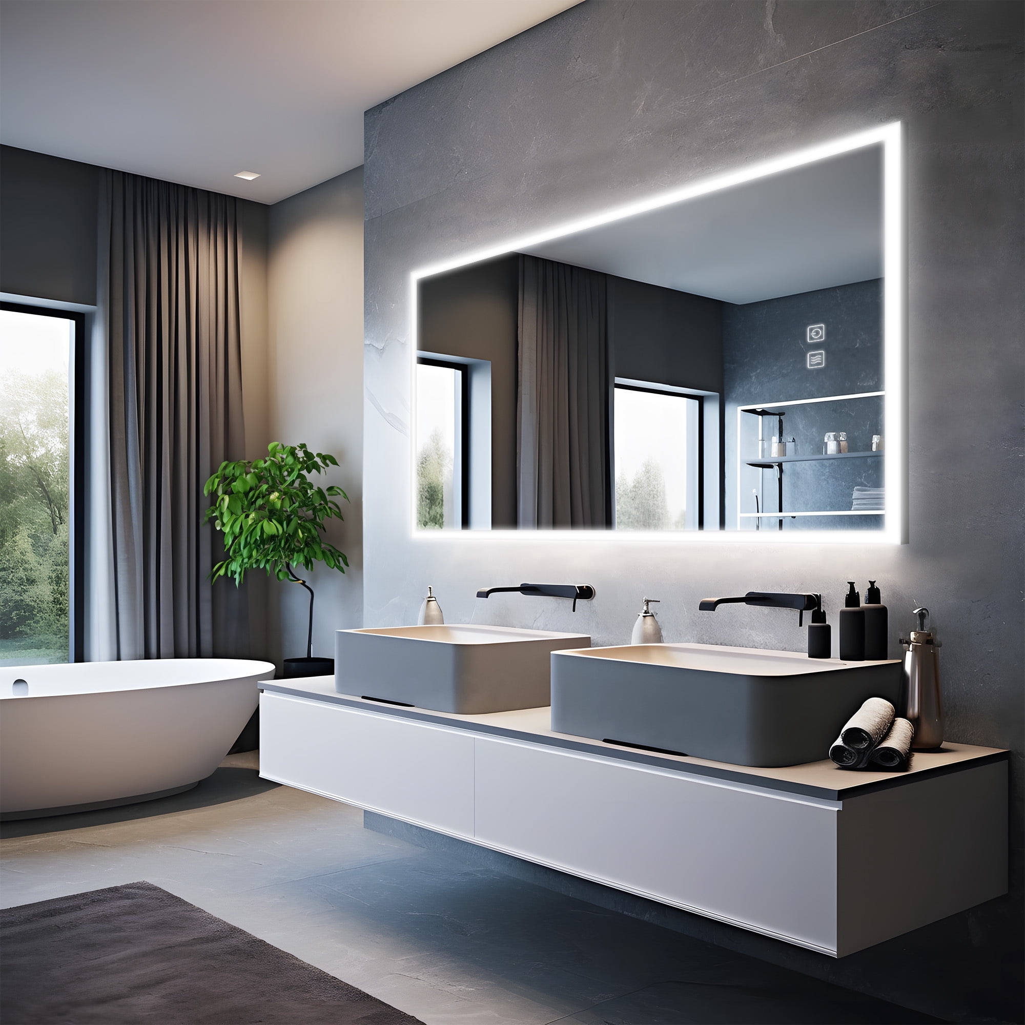 59"x35" Edge LED Lighted Wall Mounted Bathroom Mirror Modern Rectrangle Vanity Mirror with Anti-Fog,Silver
