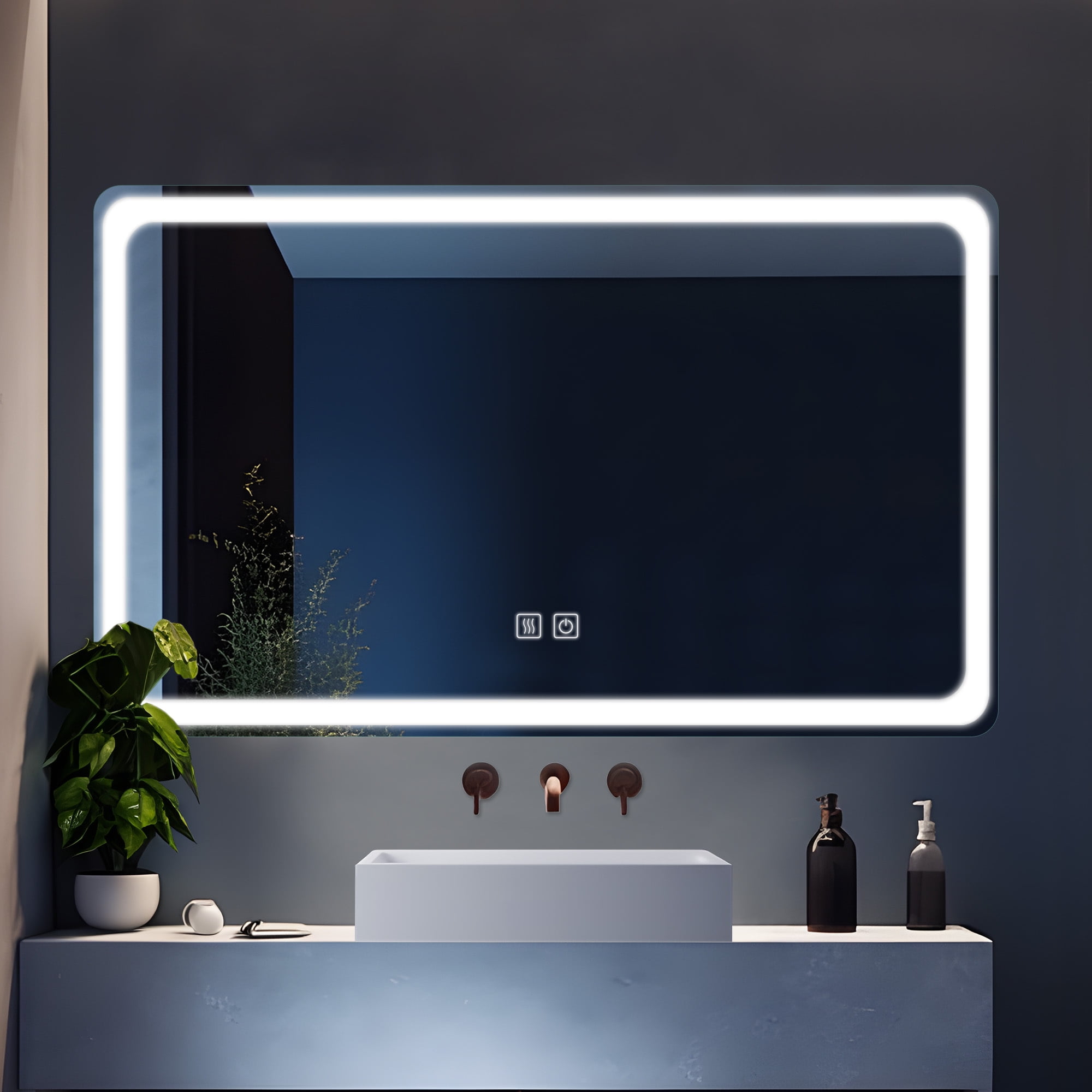 59"x35" LED Lighted Round Angle Wall Mounted Bathroom Mirror Modern Rectrangle Vanity Mirror with Anti-Fog,Silver