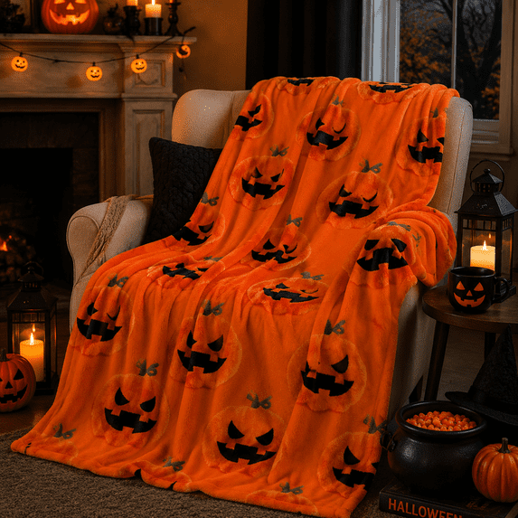 59''x78'' Halloween Embroidered Blanket Cute Pumpkin Soft Cozy Fleece Throw Blankets for Couch Sofa Bed Warm Plush Holiday Decor Seasonal Throw Blanket