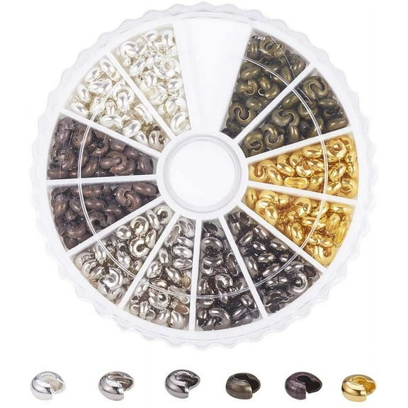 590 Pcs Iron Crimp Beads Covers Cord End Caps Width 3mm for Jewelry Making 6 Colors