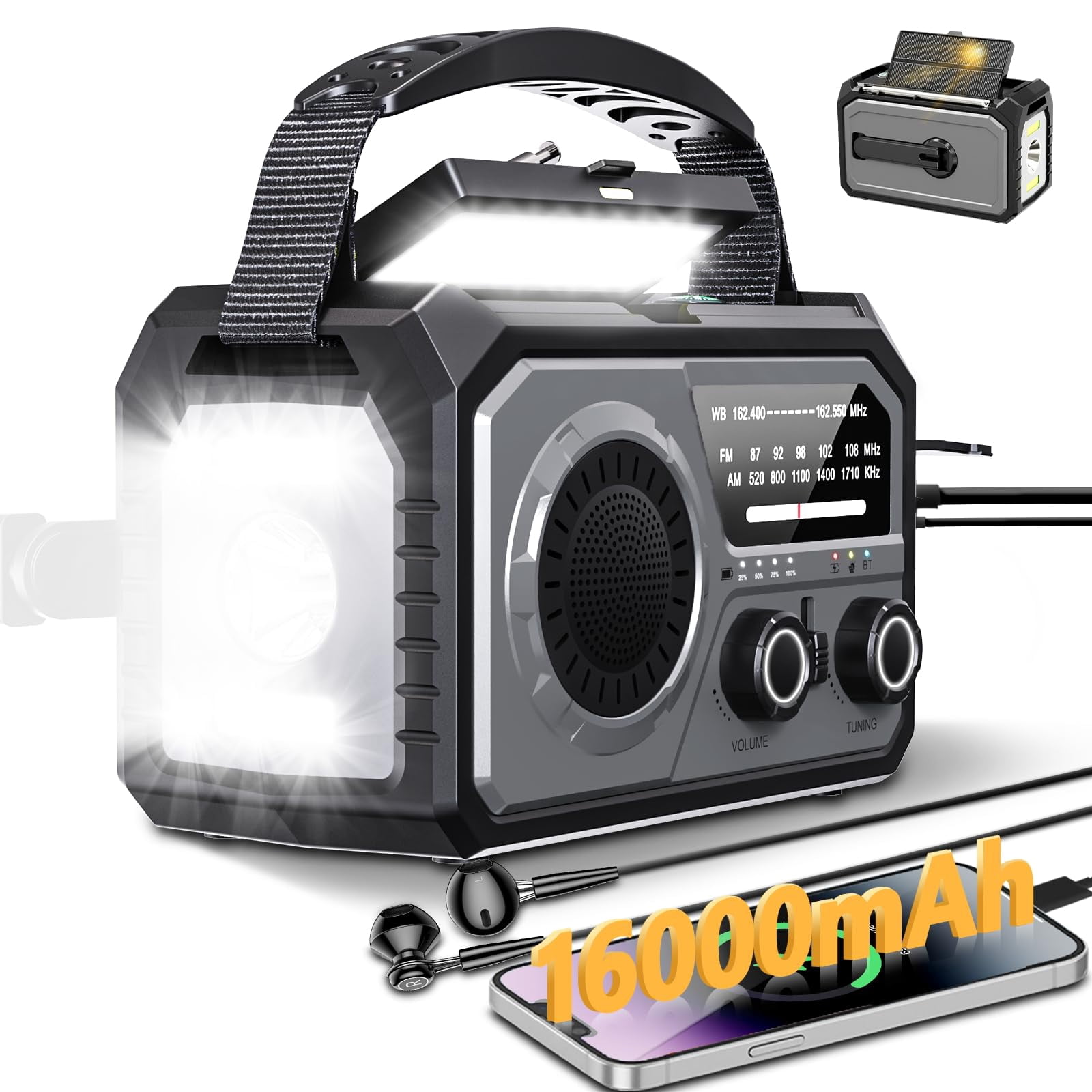 59200mwh Emergency Radio - 16000mah Portable Solar Hand Crank Noaa/am/fm Weather With & Usb Sos Alarm Flashlight  Reading Lamp For Outdoor Camping Storm Kits
