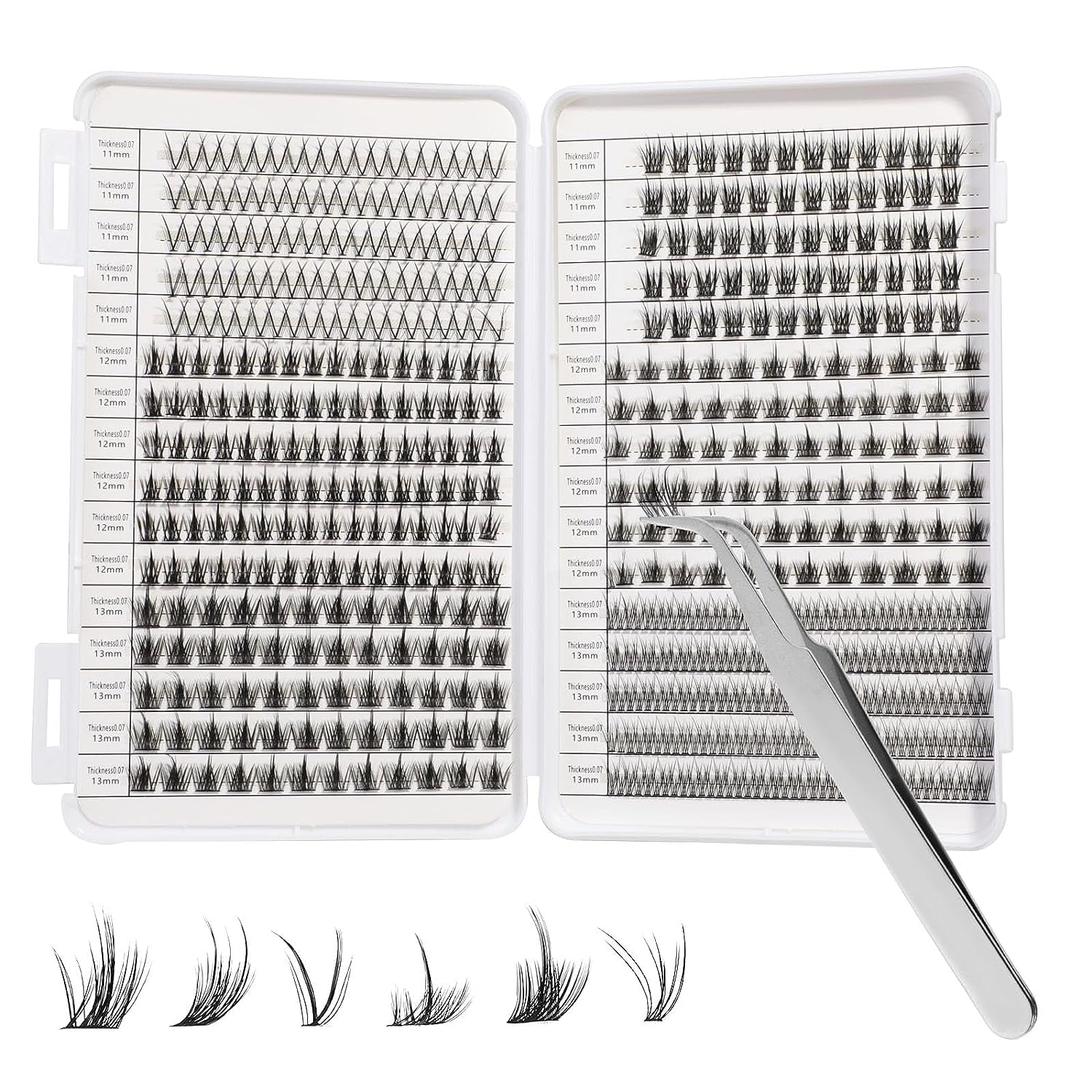 593pcs 6 Sizes DIY Eyelash Extension with Tweezer D Curl 11-13mm Long Cluster Lashes, 0.07 Black