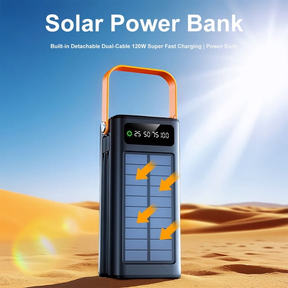 59800mAh Solar Power Bank with Built-in Cable, LED Display & Flashlight for All Mobile Devices