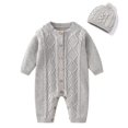 thumbnail image 1 of 59CM Baby Girl Romper, Newborn Baby Knitted Sweater Romper Longsleeve Outfit with Warm Hat Set, Boy Girl Sweater Rompers Grey, 1 of 6