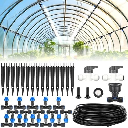 59FT Mist Drip Irrigation System, Automatic Garden Watering System with Adjustable Atomizing Misting Nozzle, 1/4 inch Blank Distribution Tubing Watering Drip Kit for Garden, Greenhouse, Lawn
