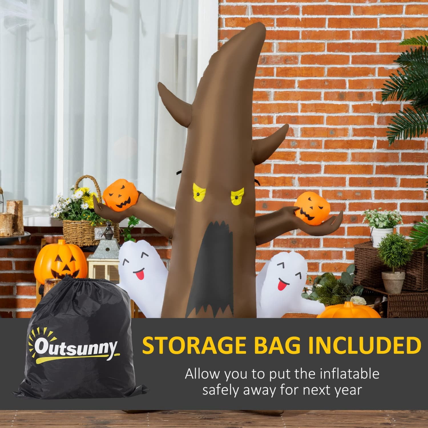 59IN Halloween Inflatable Ghost Tree with LED Lights Waterproof Polyester Blow Up Yard Decoration with Storage Bag